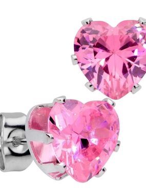 925 Sterling Silver Pink CZ Heart Stud Earrings